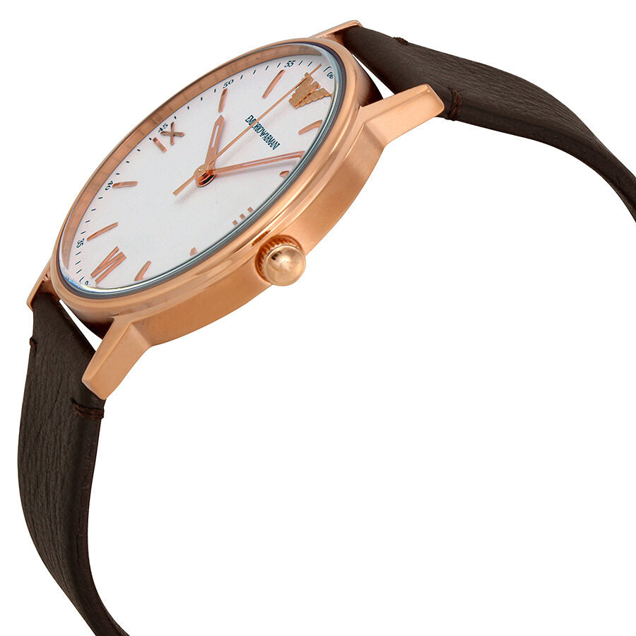 Side angle view of Emporio Armani Kappa watch showing case profile and dark brown leather band