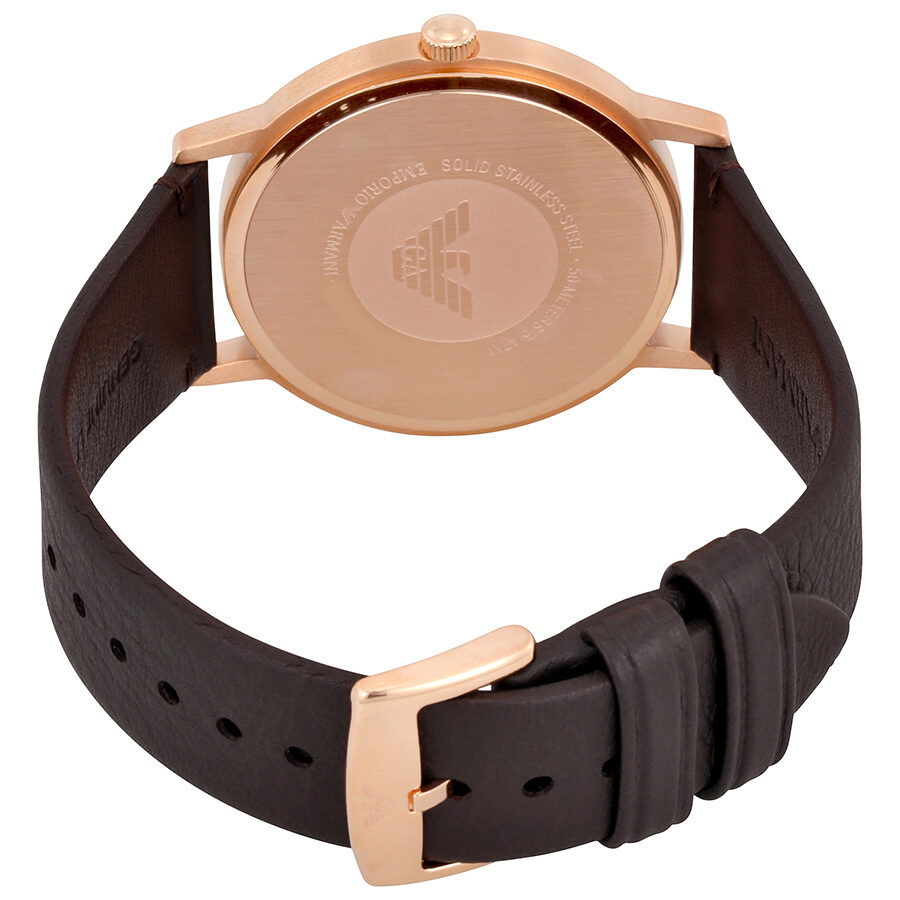 Caseback of Emporio Armani Kappa watch displaying rose gold case and dark brown leather strap