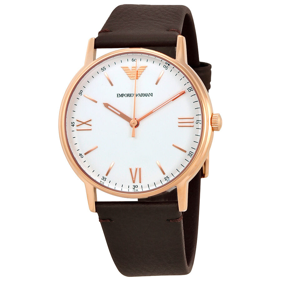 Emporio Armani Kappa watch with white dial, rose gold case, and dark brown leather strap