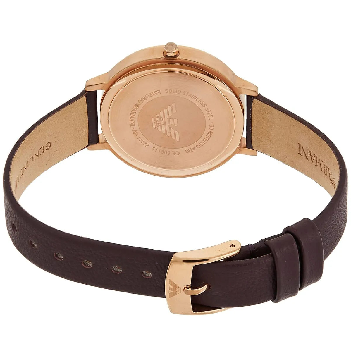 Emporio Armani Kappa watch caseback showing rose gold back and brown leather strap