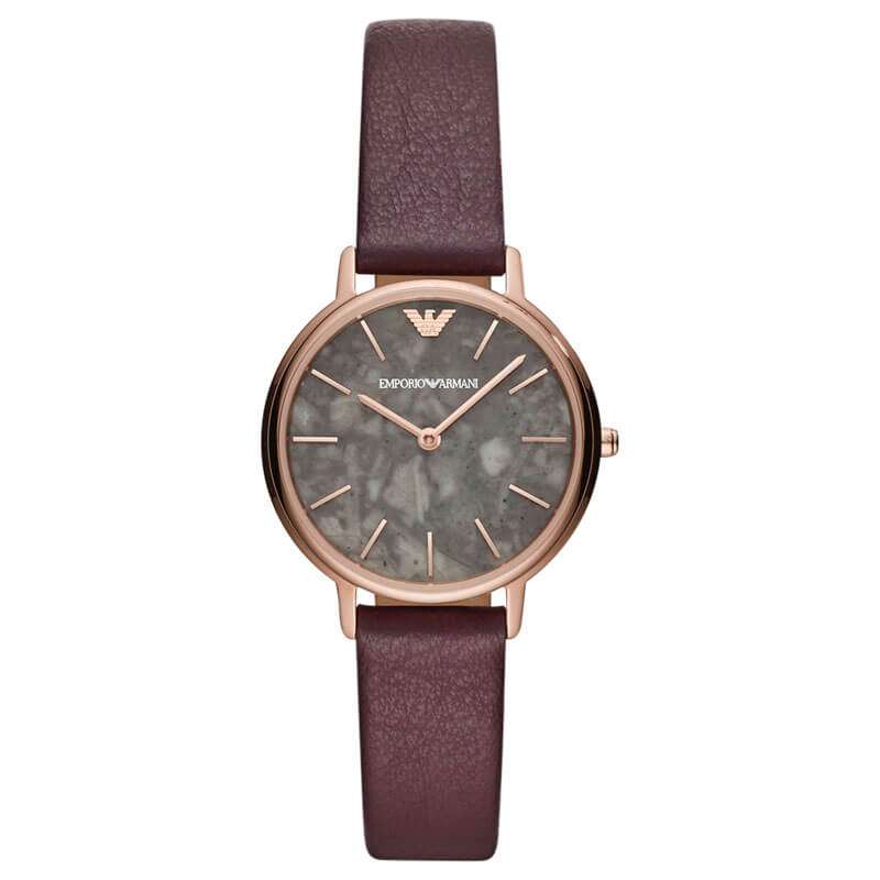 Emporio Armani Kappa watch with grey marbled dial and burgundy leather strap
