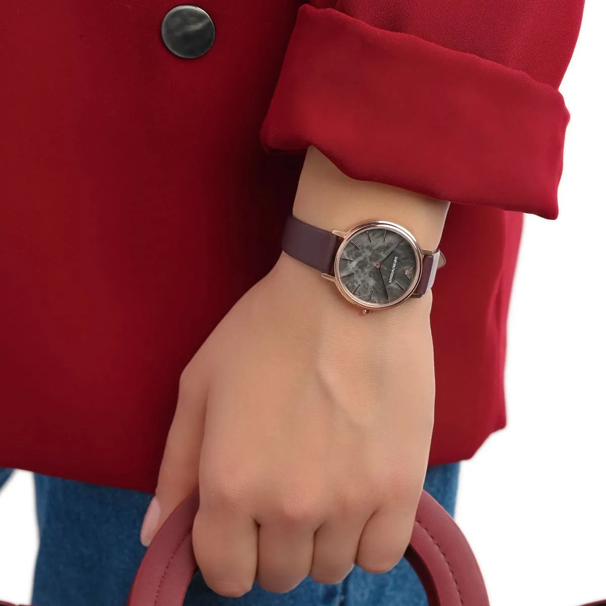 Emporio Armani Kappa watch worn on wrist grey marbled dial and burgundy strap