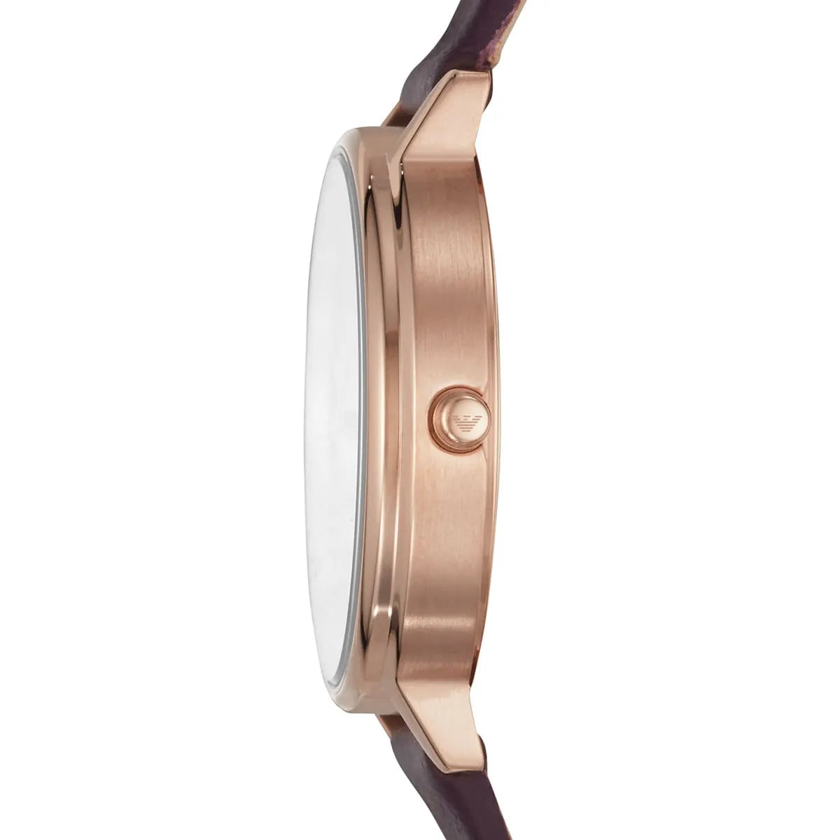 Emporio Armani Kappa watch side profile rose gold case with burgundy strap