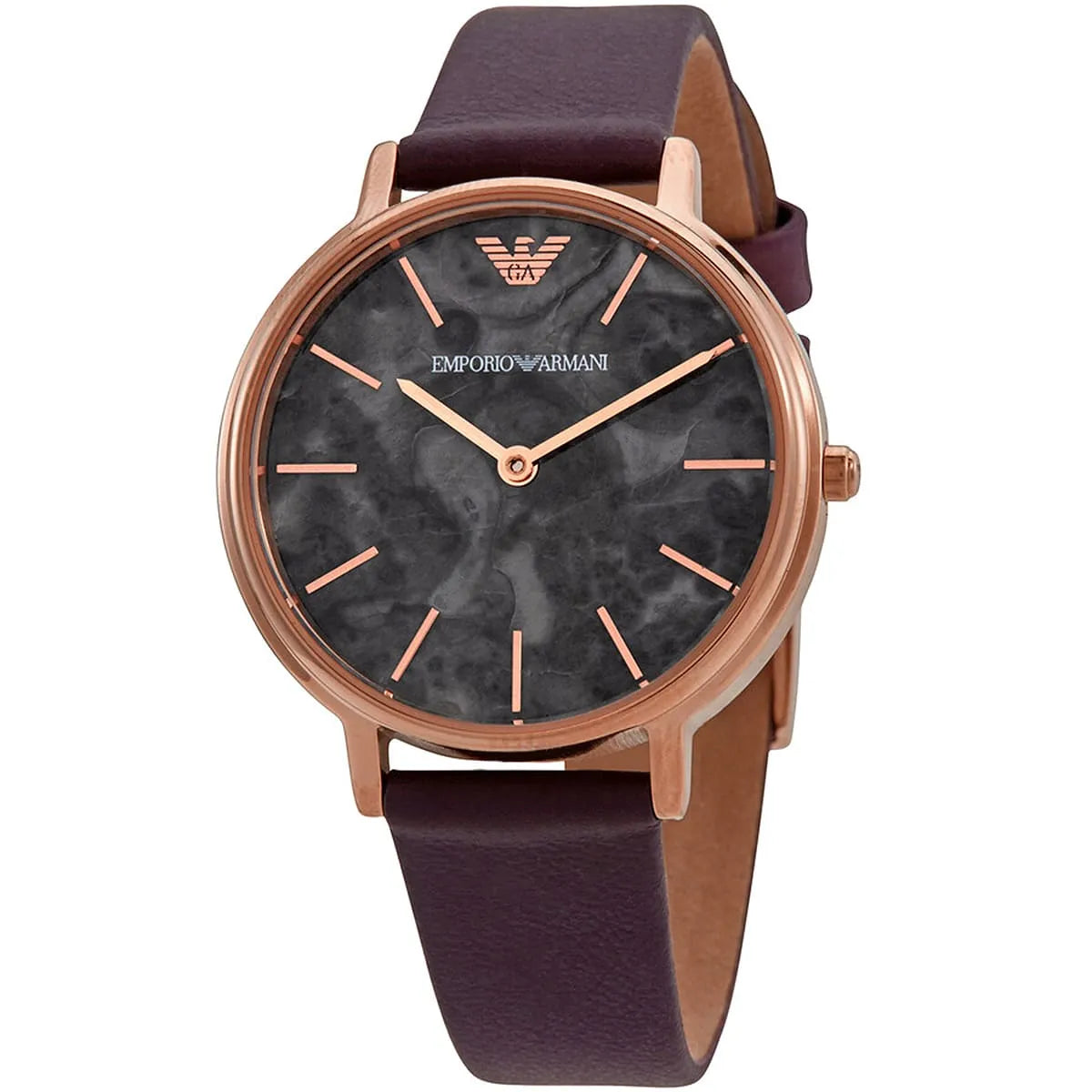 Emporio Armani Kappa watch side view showing rose gold case and burgundy leather strap