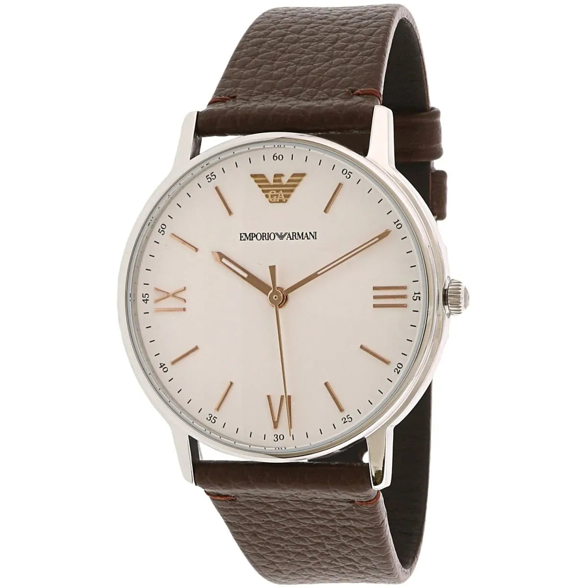 Emporio Armani Kappa watch angled view showing white dial with rose gold accents and brown leather strap