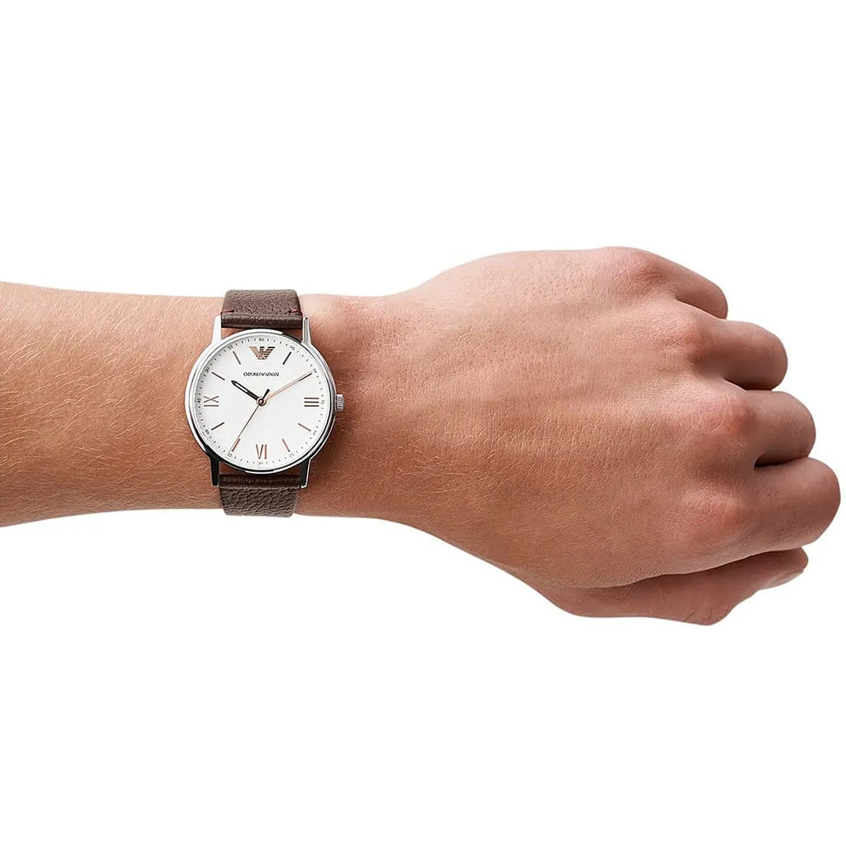 Emporio Armani Kappa watch transparent case back with engraving and brown leather strap