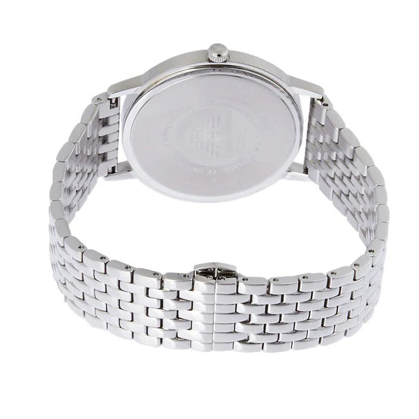 Silver stainless steel caseback of Emporio Armani Kappa watch with engravings