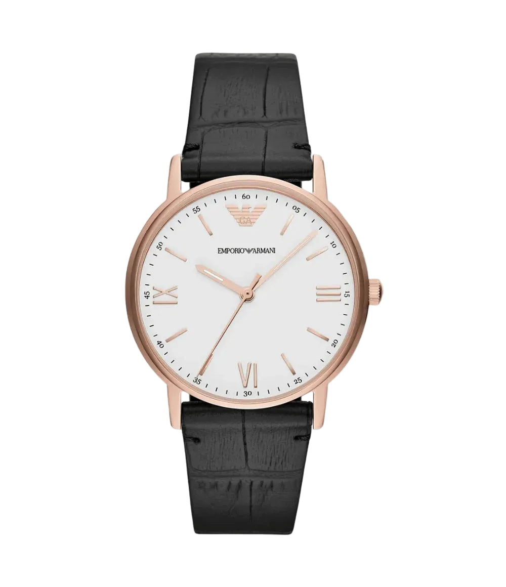 Emporio Armani Kappa AR80015 with white dial, rose gold case, Roman numeral markers, and black leather strap