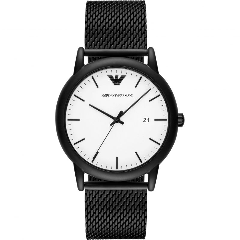 Emporio Armani Luigi white dial men's watch with black case and mesh strap, AR11046
