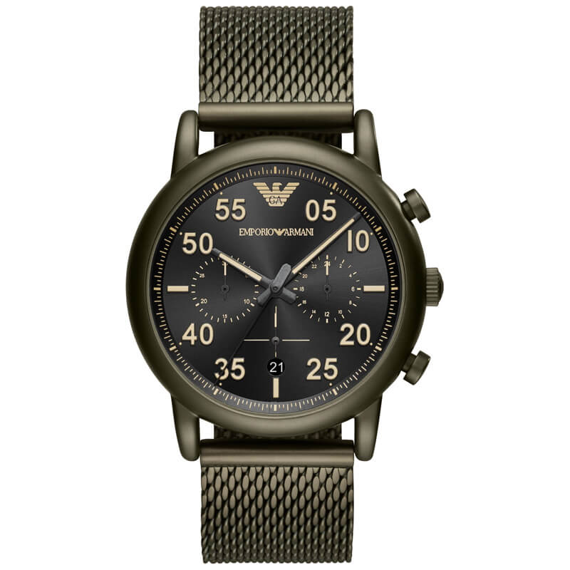 Emporio Armani Luigi AR11115 black dial chronograph watch with stainless-steel mesh strap