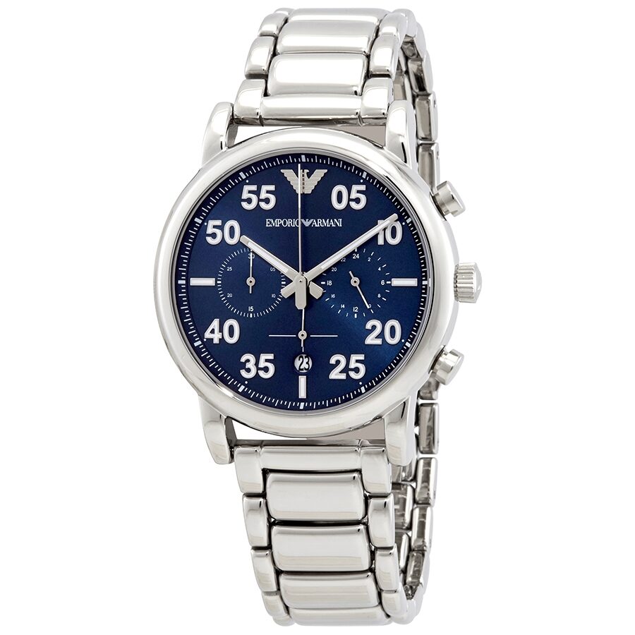 Emporio Armani Luigi chronograph watch with blue dial and silver stainless steel bracelet