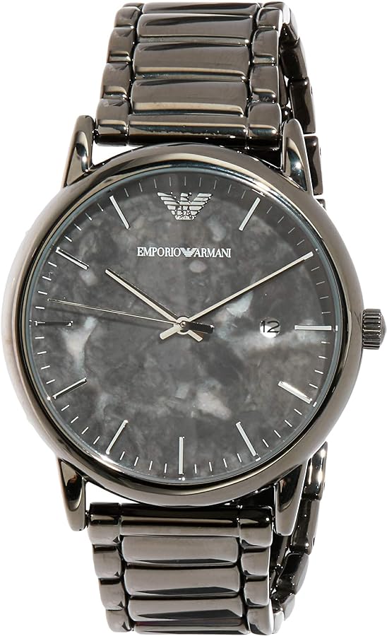 Three-quarter view of Emporio Armani Luigi AR11155 with grey dial and steel bracelet