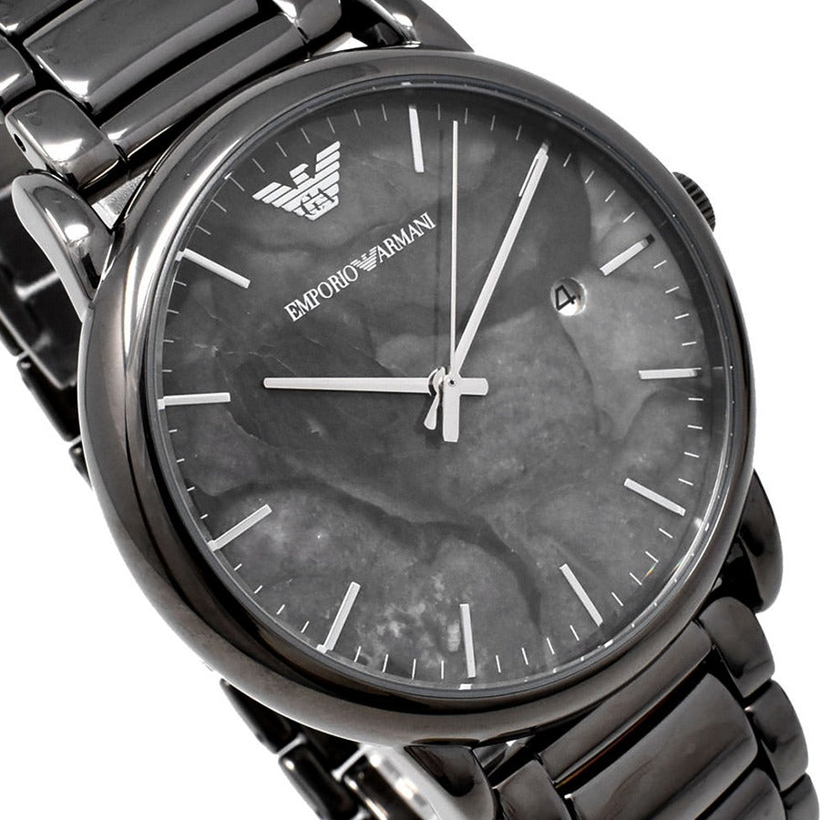 Close-up detail of Emporio Armani Luigi AR11155 grey marble dial with hour markers