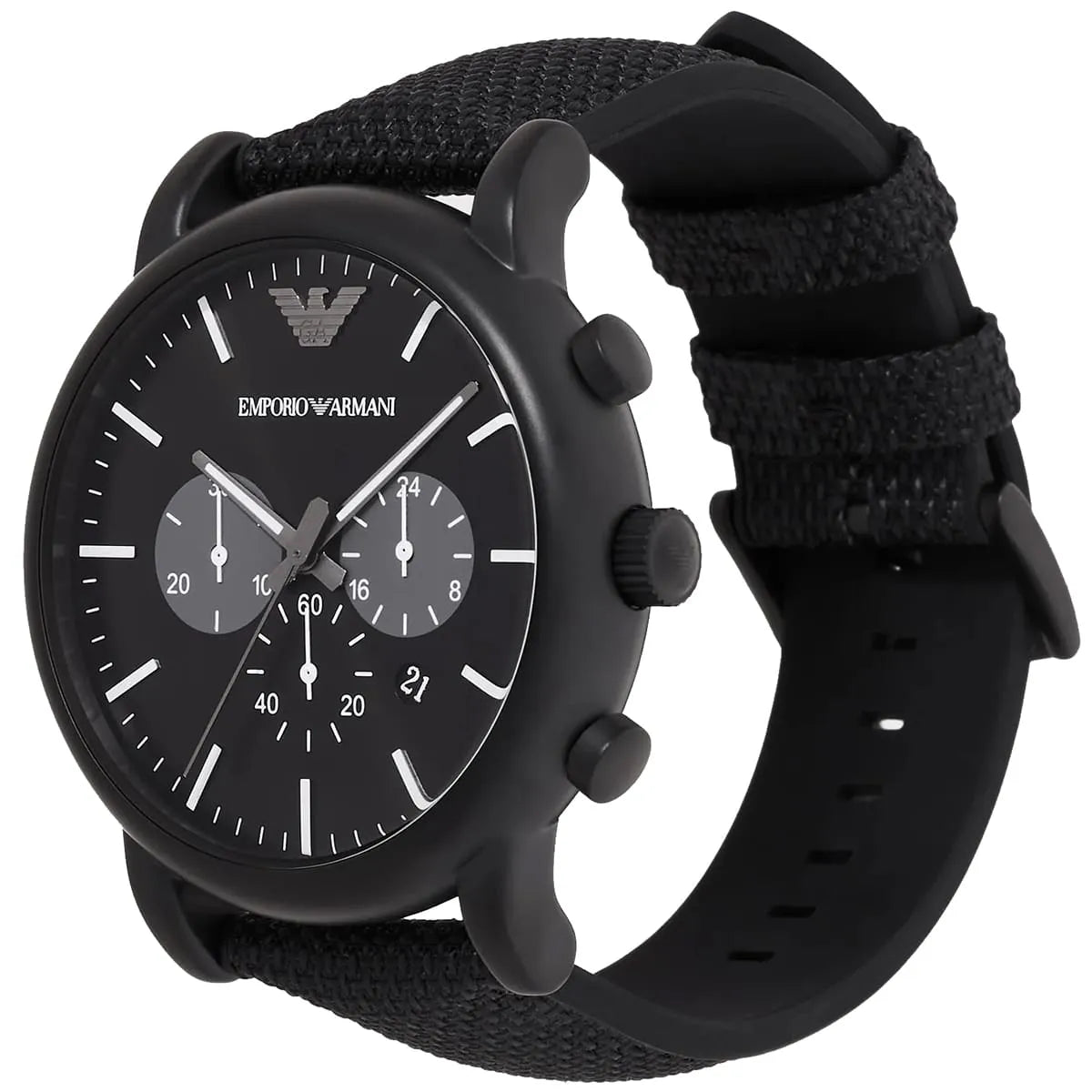 Emporio Armani Luigi AR11450 watch shown at angle with black strap and chronograph dial