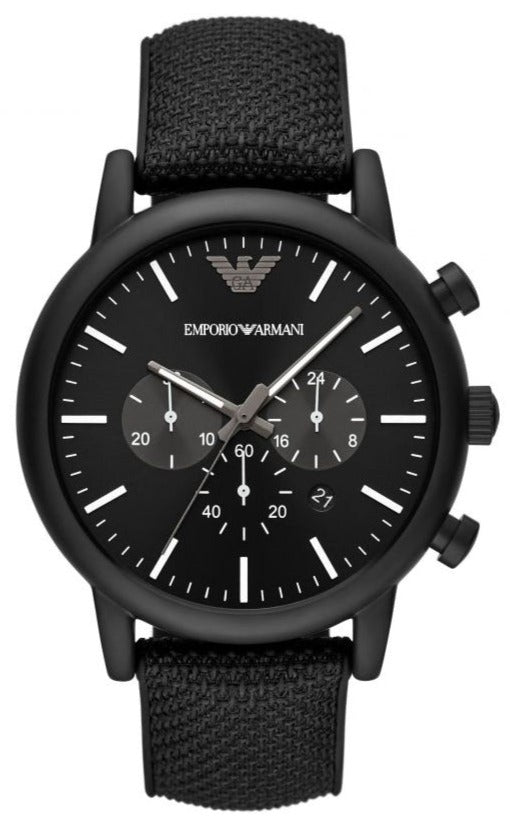 Emporio Armani Luigi AR11450 chronograph watch with black dial and black fabric strap
