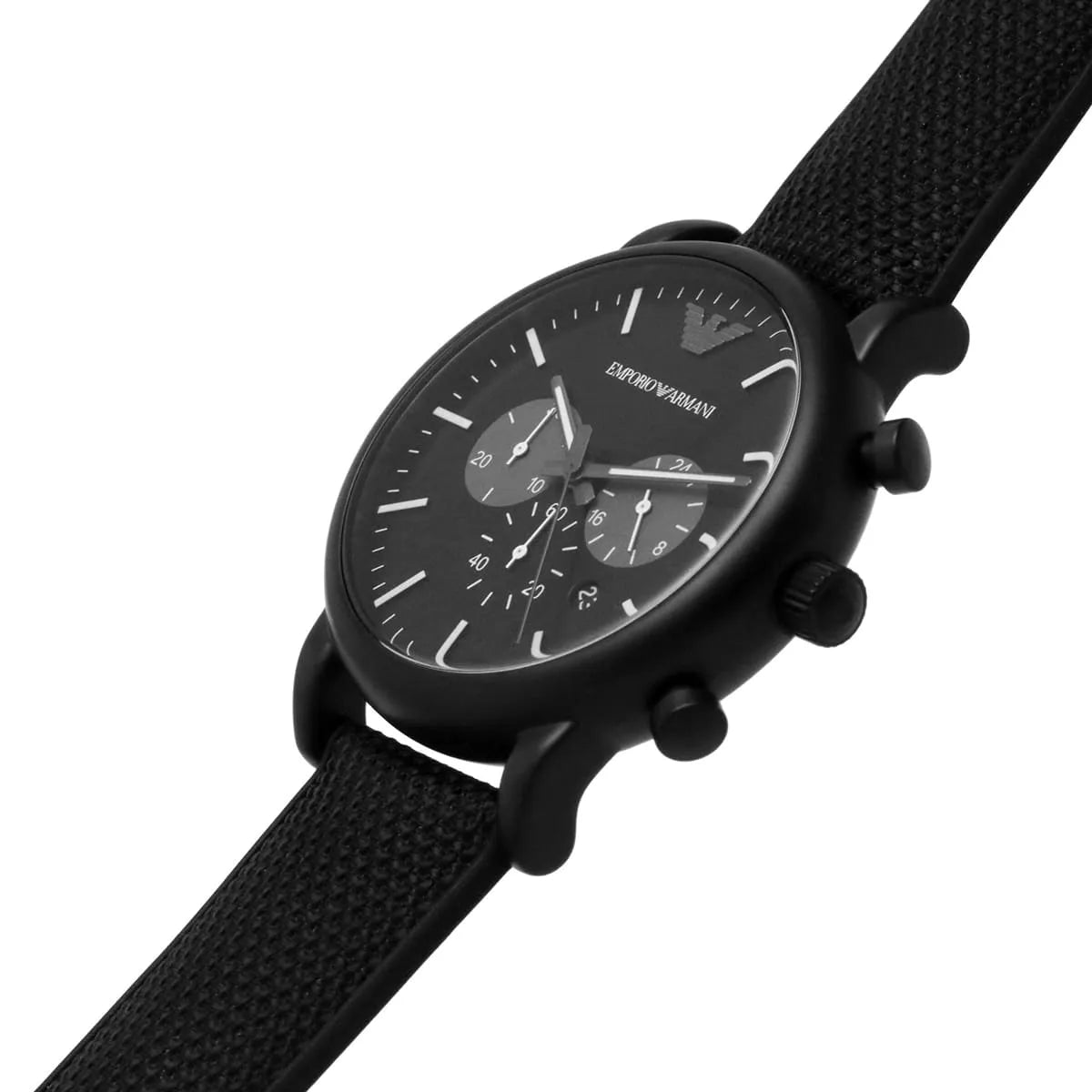Emporio Armani Luigi AR11450 chronograph watch on black fabric strap worn on wrist