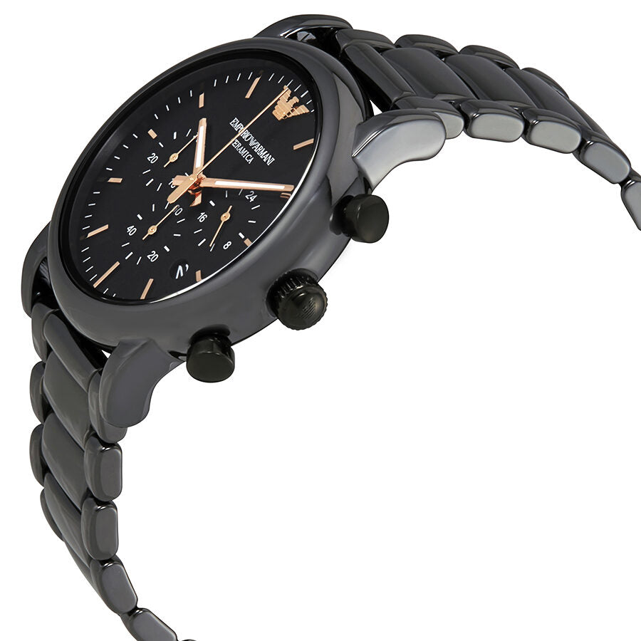 Emporio Armani Luigi ceramic chronograph watch on wrist showing side profile with chronograph pushers