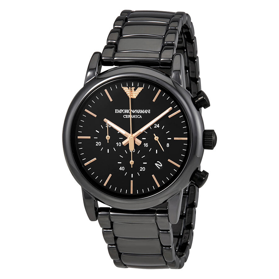 Emporio Armani Luigi ceramic chronograph black dial men's watch with rose gold accents and black ceramic bracelet