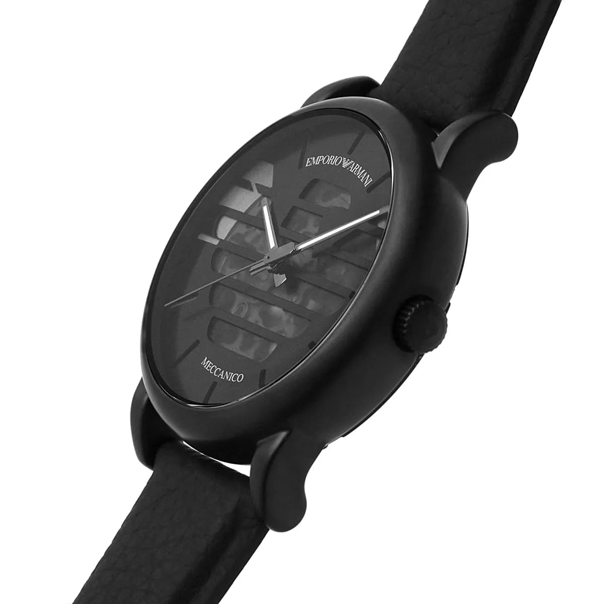 Emporio Armani Luigi skeleton watch angled view with visible automatic movement