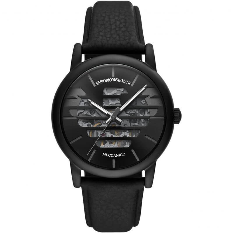 Emporio Armani Luigi skeleton watch with black dial and black leather strap