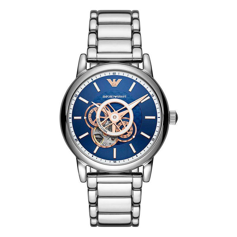 Emporio Armani Luigi skeleton chronograph watch with blue dial and silver steel bracelet