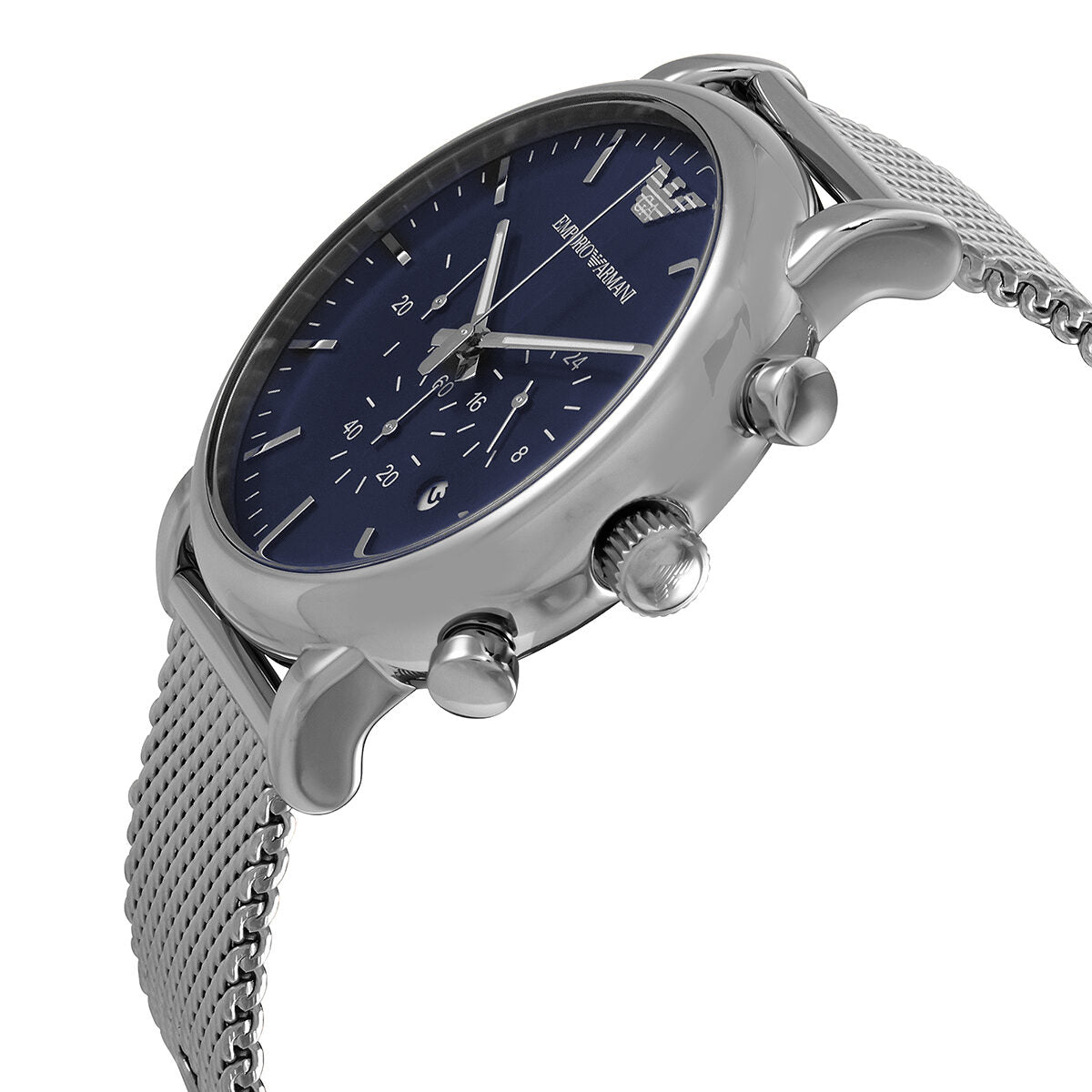 Angled view of Emporio Armani Luigi chronograph with blue dial and silver mesh band