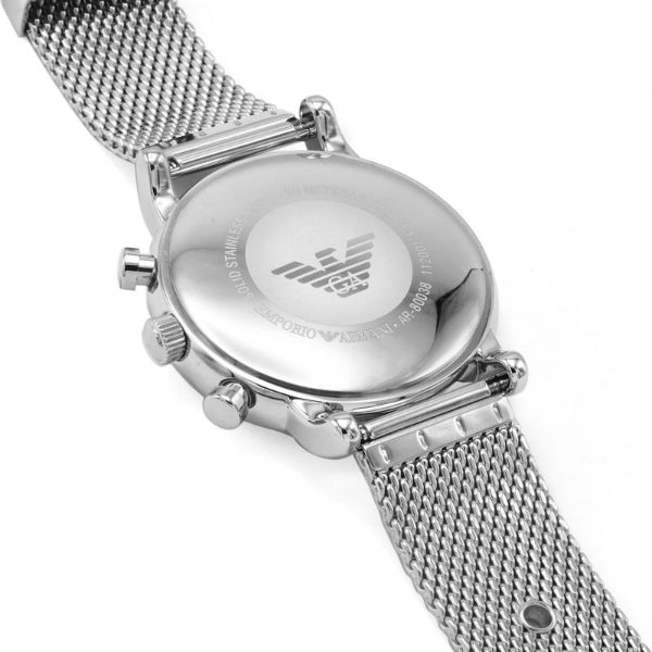 Caseback of Emporio Armani Luigi watch showing eagle logo and brushed finish