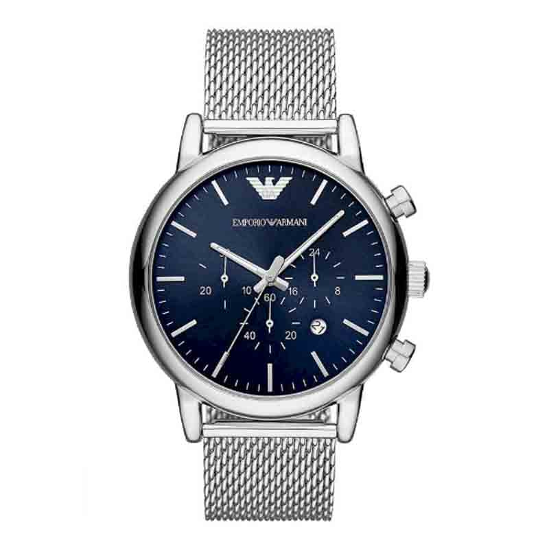 Front view of Emporio Armani Luigi chronograph mens watch with dark blue dial