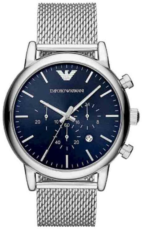 Emporio Armani Luigi chronograph watch with blue dial and silver mesh strap