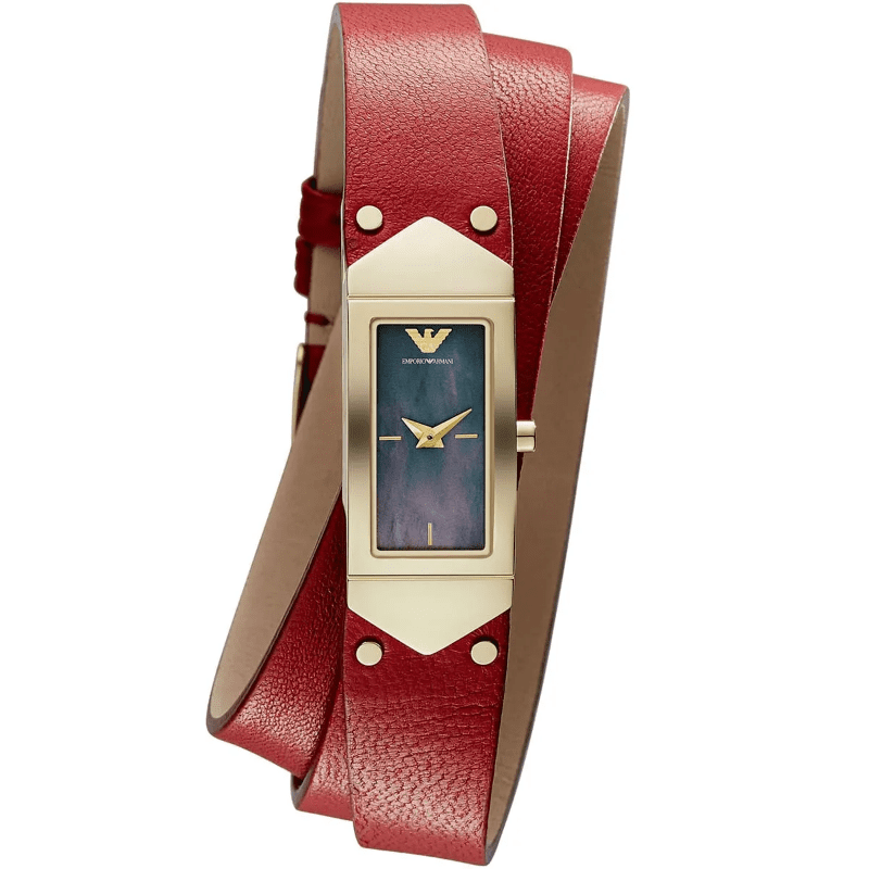 Emporio Armani Marco Catwalk AR7357 watch with red leather double wrap strap and rectangular dial
