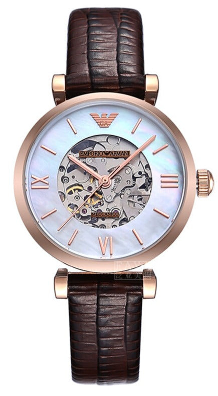 Emporio Armani Meccanico skeleton watch with mother of pearl dial and roman numerals on brown leather strap