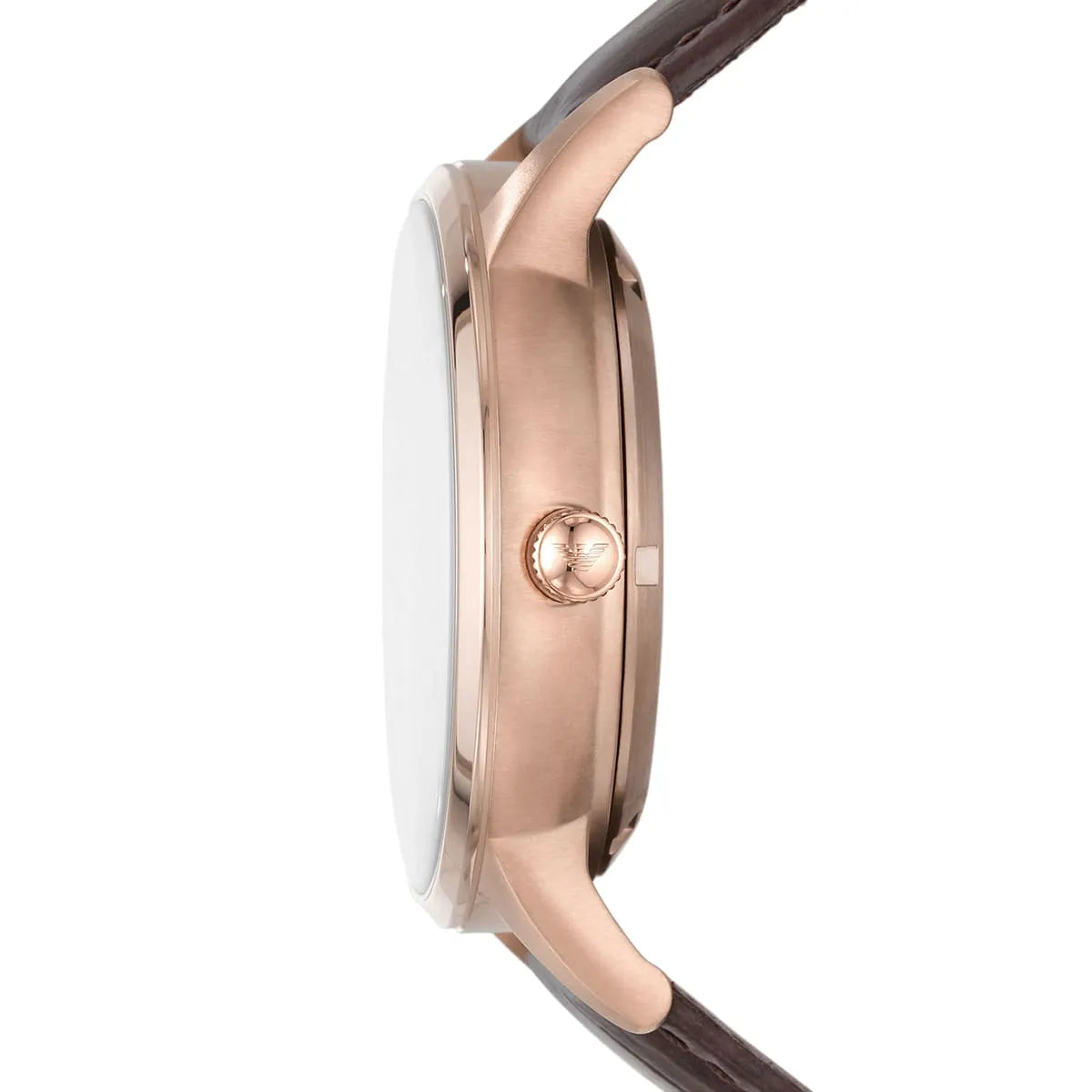 Side profile of Emporio Armani Meccanico watch with rose gold case and brown leather strap