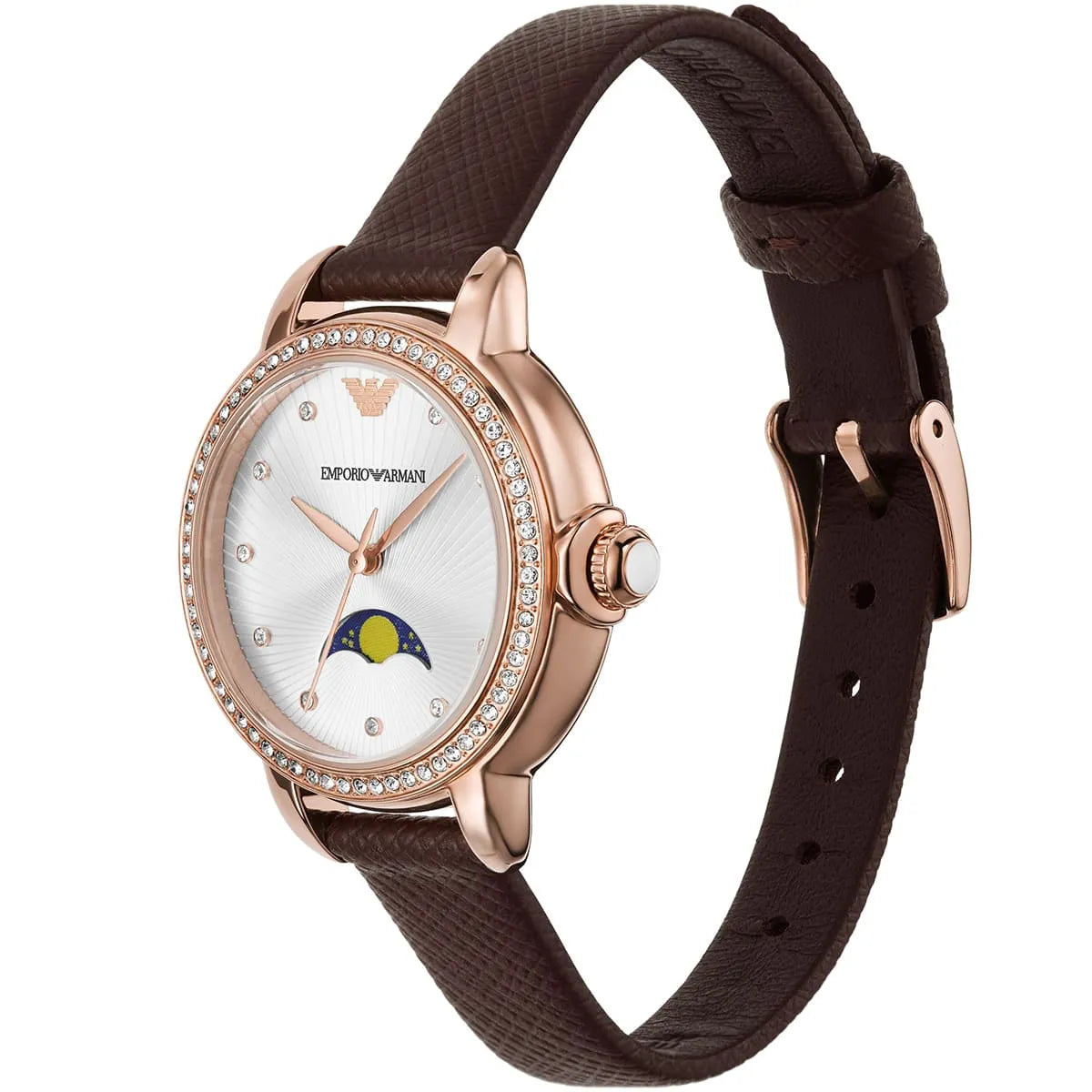 Emporio Armani Mia watch angled view showing silver dial, moonphase, diamond bezel, and brown leather strap