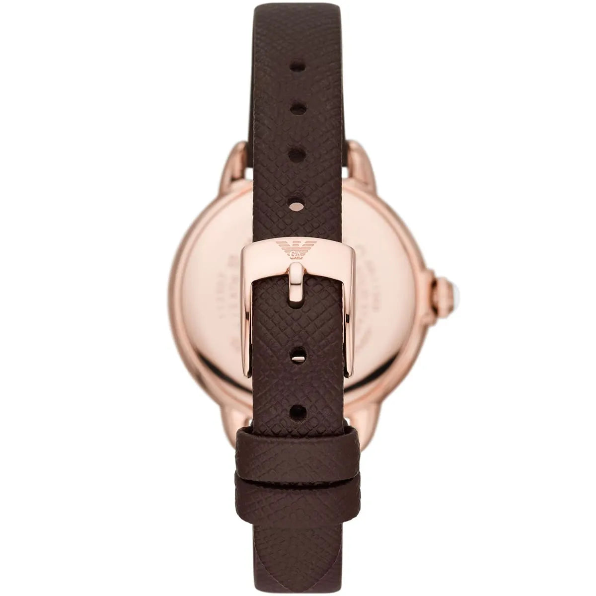 Caseback view of Emporio Armani Mia AR11568 watch with rose gold case and brown leather strap