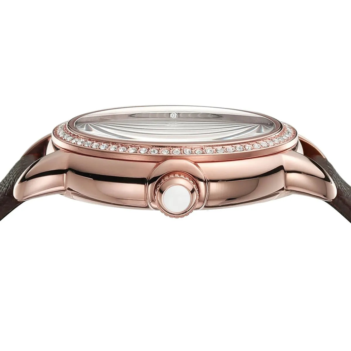 Close-up detail of Emporio Armani Mia dial showing silver face, moonphase indicator, and crystal bezel