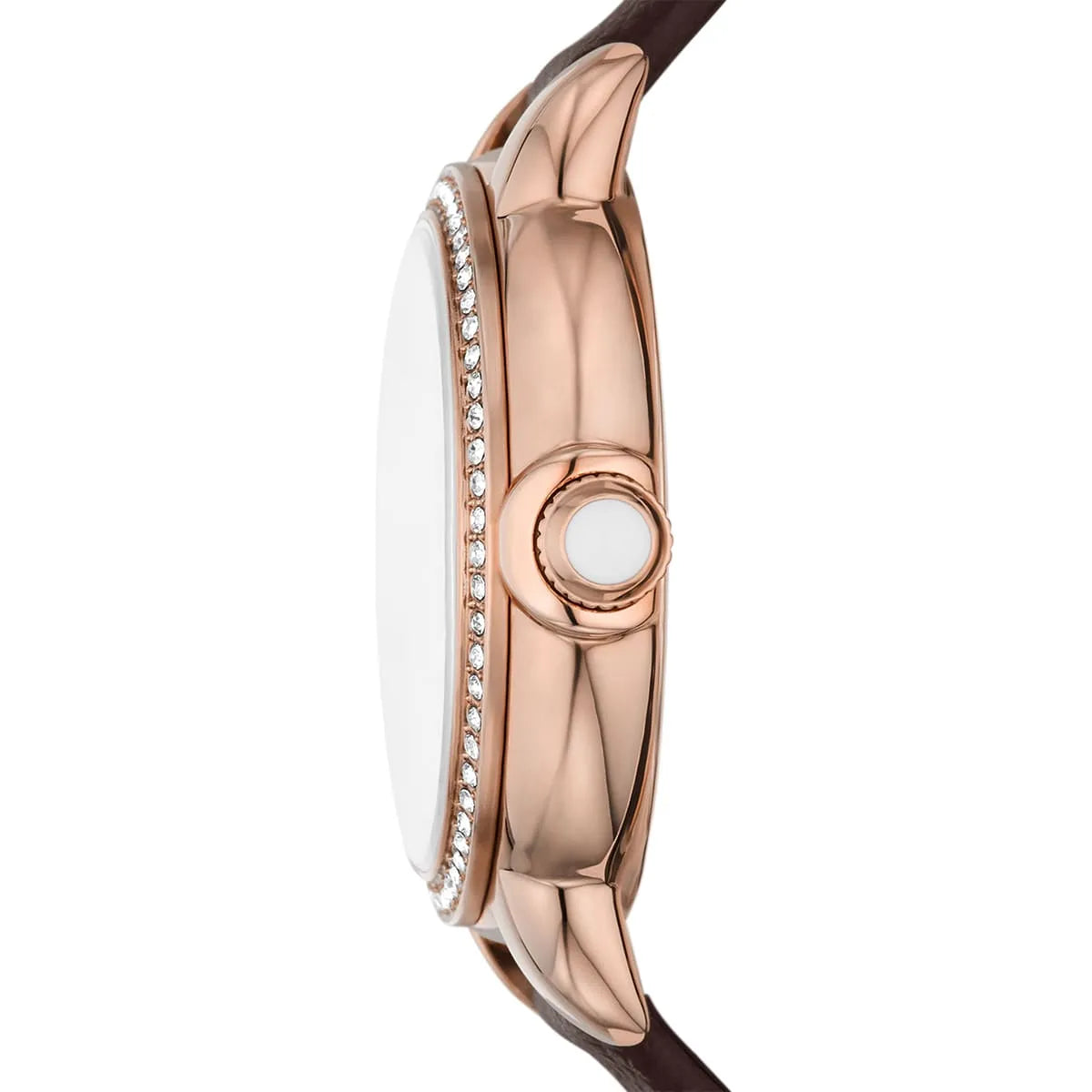 Side profile of Emporio Armani Mia watch showing rose gold case, diamond bezel, and brown leather strap