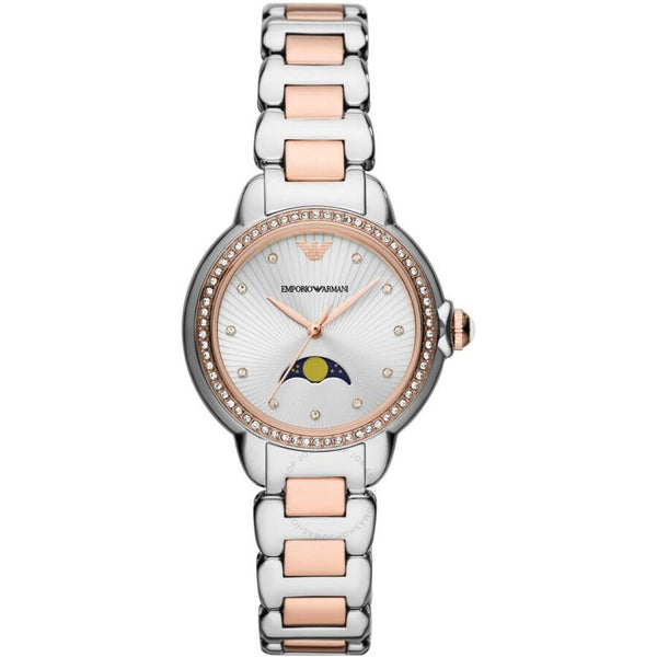 Emporio Armani Mia Quartz Moon Phase Crystal Silver Dial Ladies Watch AR11567 - The Watches Men & Co