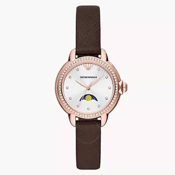 Emporio Armani Mia Quartz Moon Phase Crystal Silver Dial Ladies Watch AR11568 - The Watches Men & Co