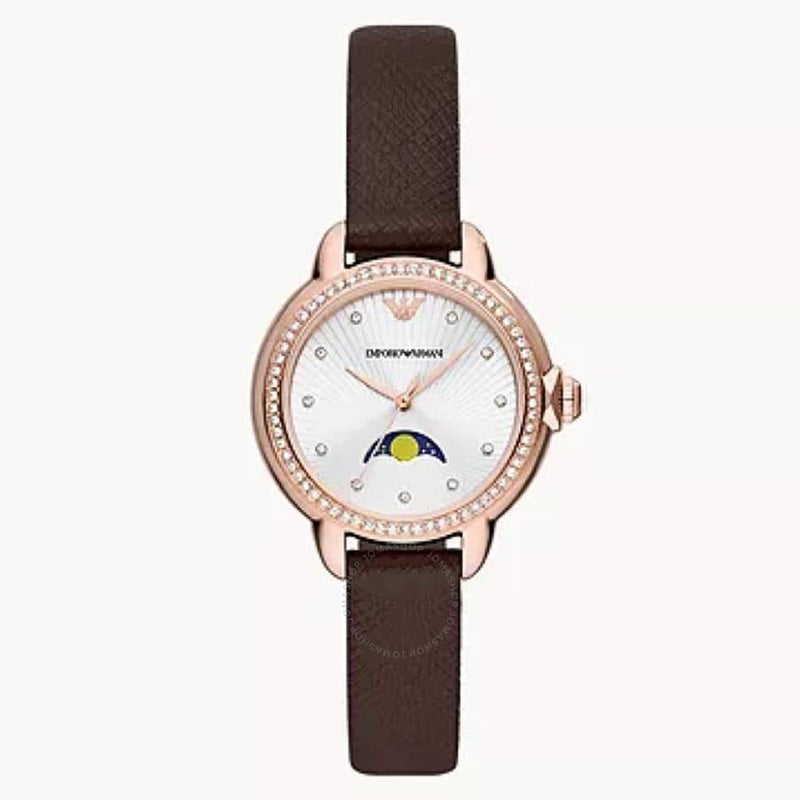 Emporio Armani Mia Quartz Moon Phase Crystal Silver Dial Ladies Watch AR11568 - The Watches Men & Co