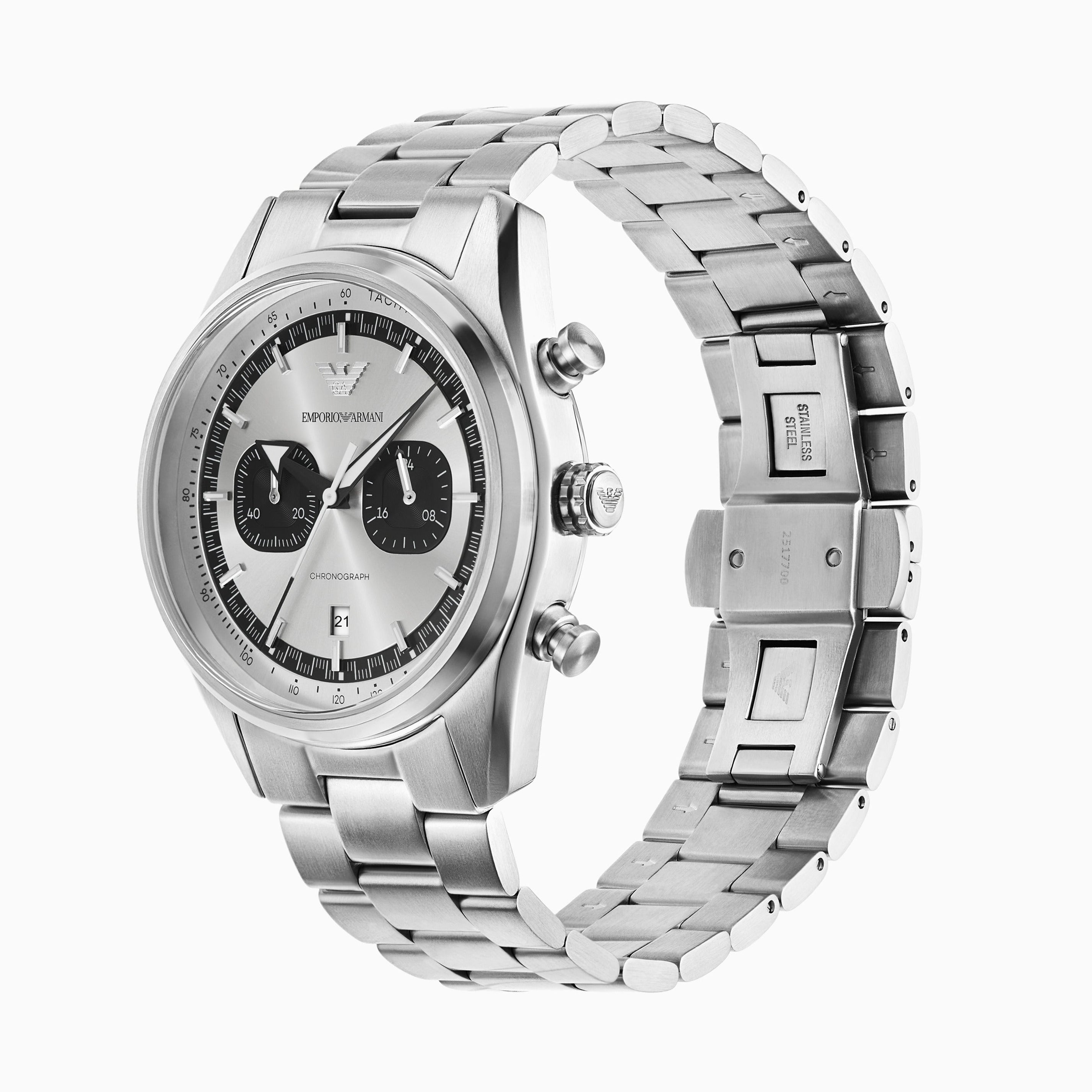 Emporio Armani Racer AR11636 three-quarter view of silver chronograph watch with bracelet