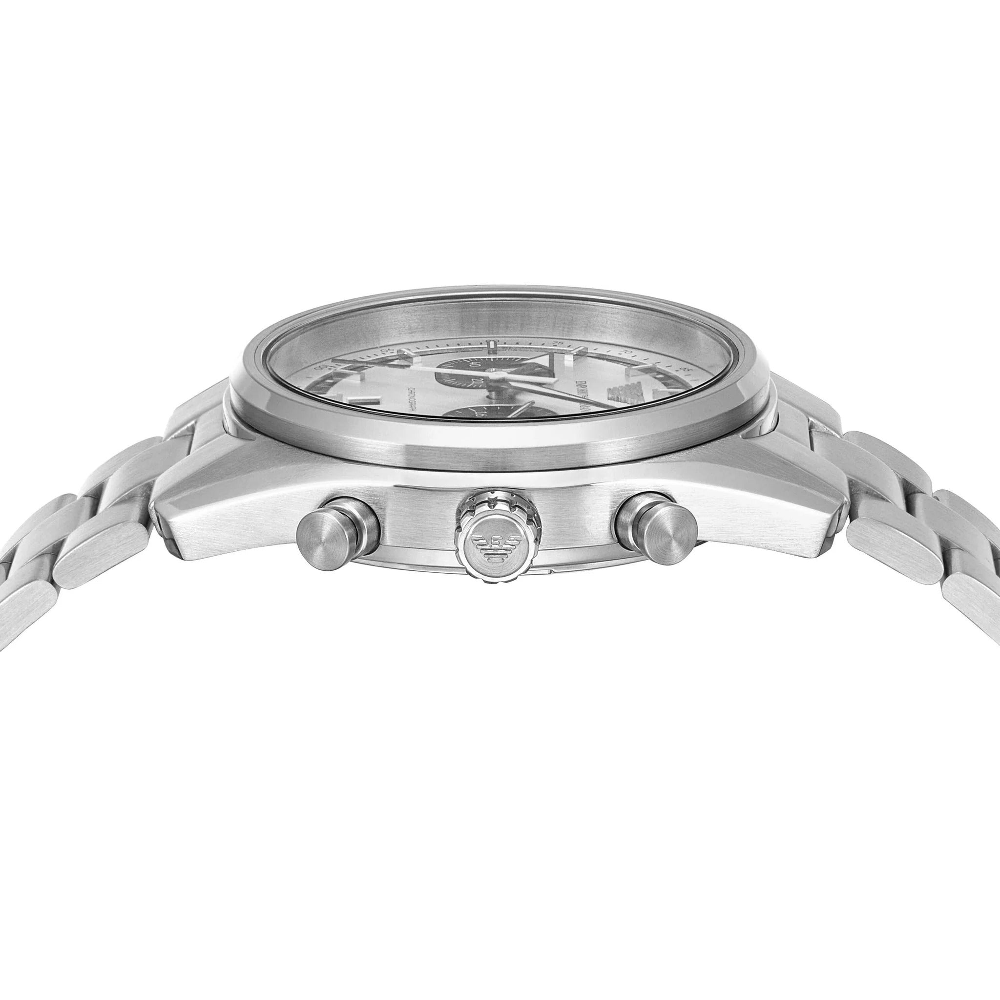 Emporio Armani Racer AR11636 top-down dial view showing chronograph subdials and center hands