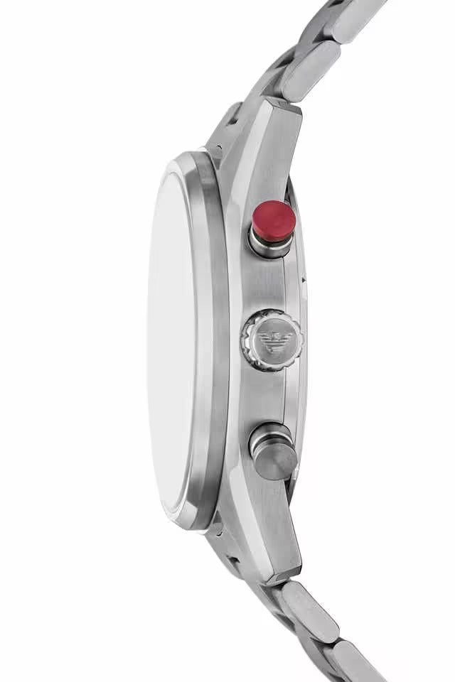 Emporio Armani Racer watch side profile displaying crown, pusher buttons, and bracelet attachment