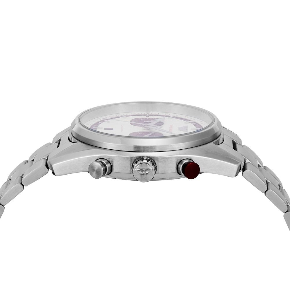 Emporio Armani Racer watch side view showing case thickness and silver steel bracelet