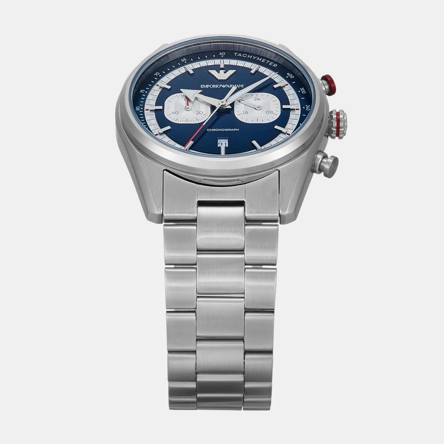 Emporio Armani Racer chronograph watch shown at angled view with stainless steel bracelet