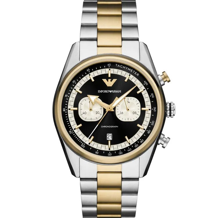 Emporio Armani Racer chronograph watch with black dial, two-tone steel strap, and gold-accented bezel