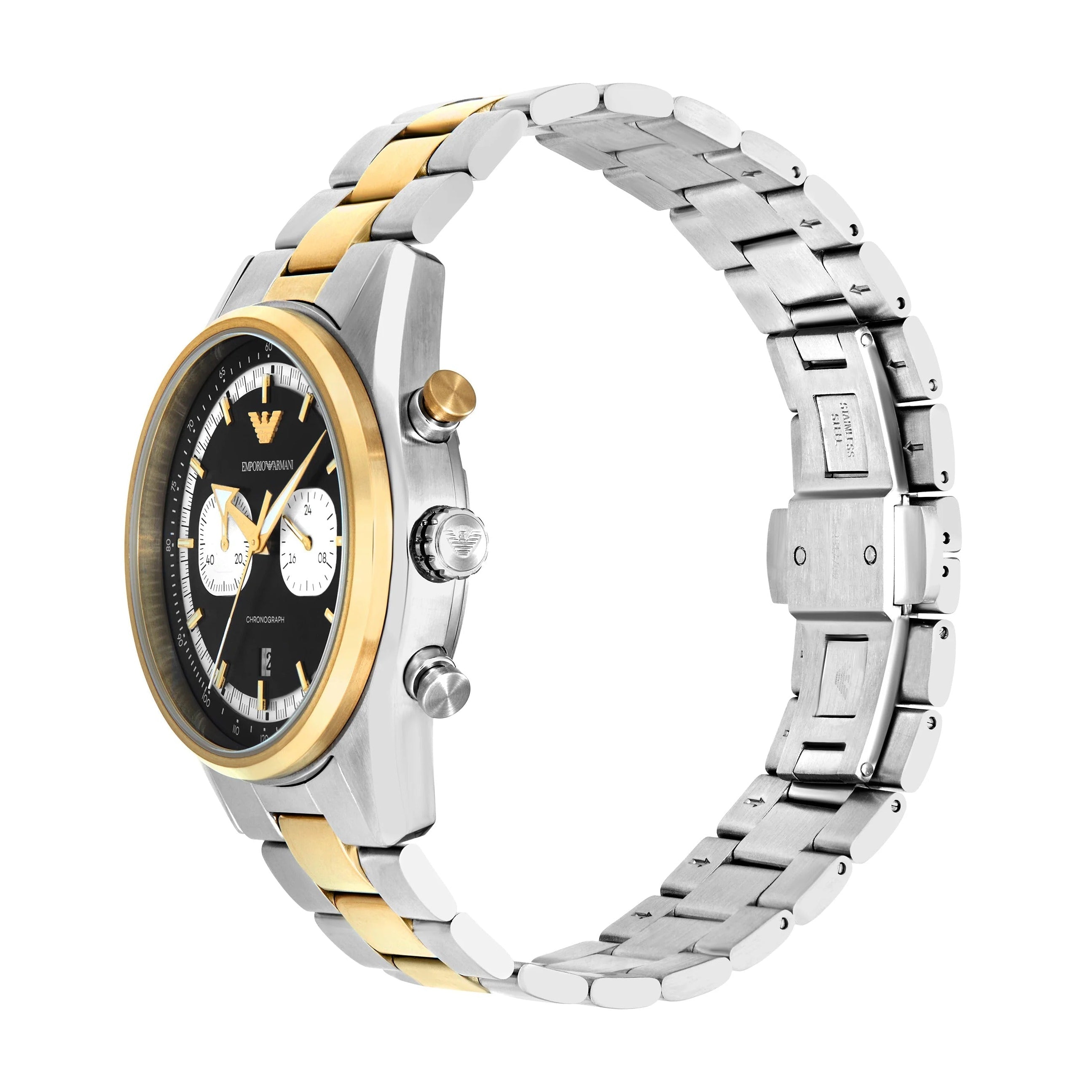 Emporio Armani Racer chronograph watch displayed on wrist showing two-tone bracelet design