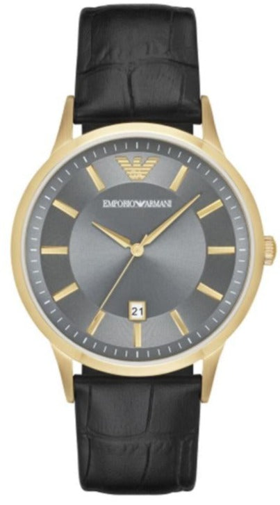 Emporio Armani Renato AR11049 quartz watch with grey dial, gold-tone case and black leather strap