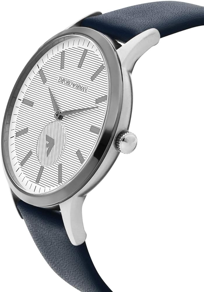 Side angle view of Emporio Armani Renato watch with silver-tone case and blue leather strap