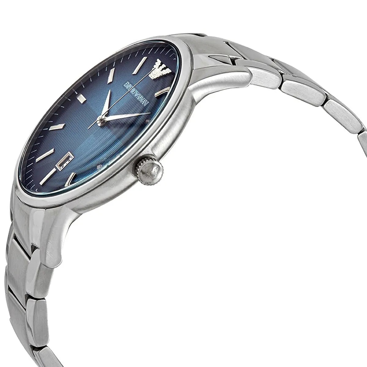 Side angle view of Emporio Armani Renato watch with blue dial and silver strap