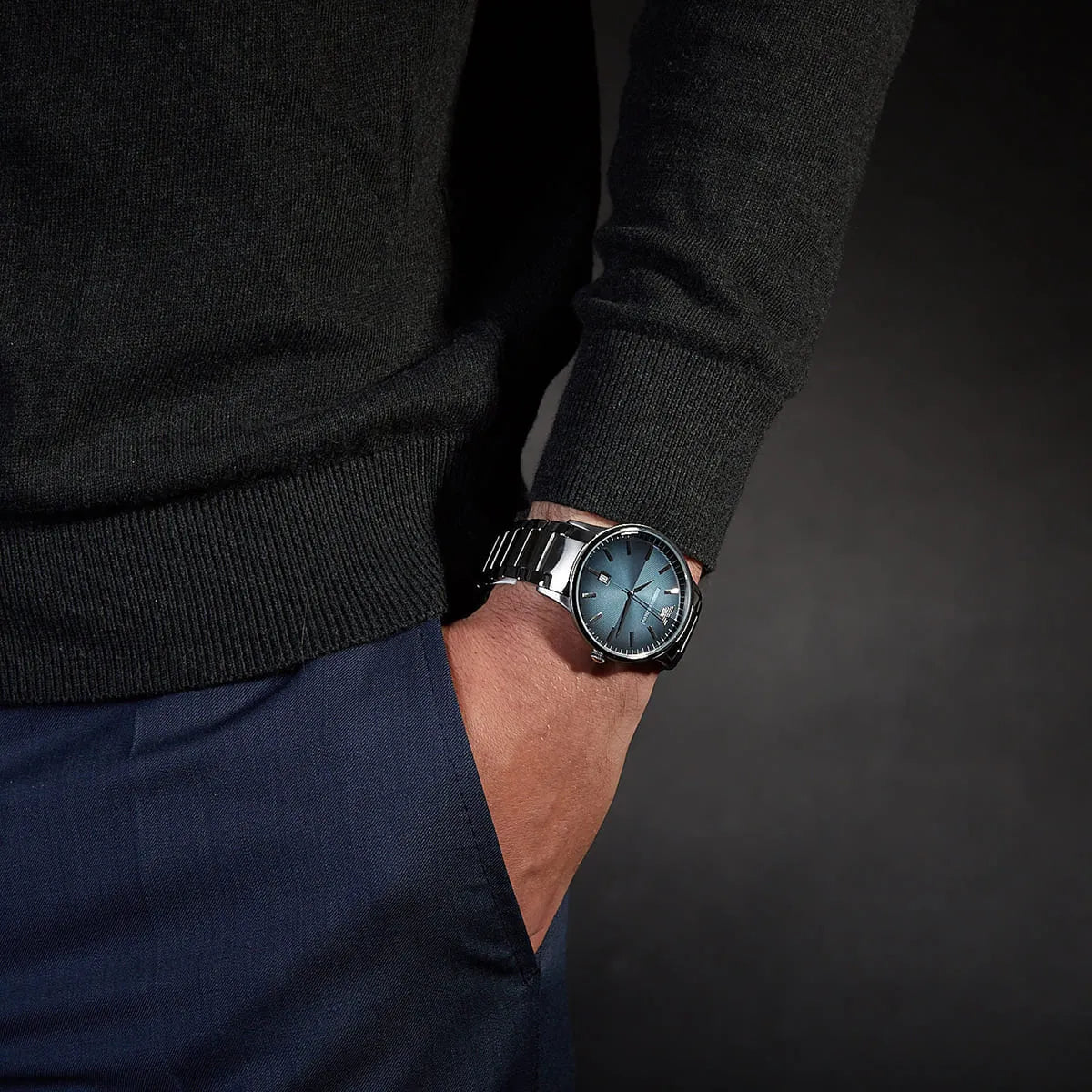 Emporio Armani Renato AR11182 watch worn on wrist with blue dial visible